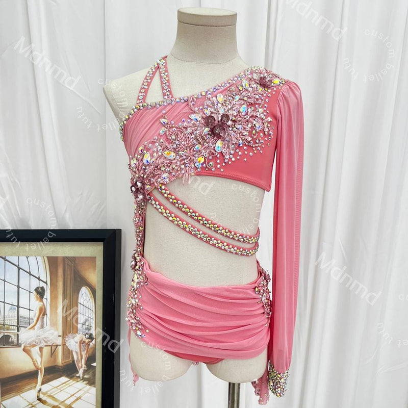 Custom Handcrafted Blush Pink Freestyle Solo Lyrical Dance Costume for Kids & Adults - Crystal Embellished Contemporary Costume