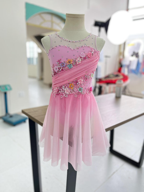 Custom Pink Contemporary Costume Lyrical Dance Dress: Handmade Floral & Swarovski Crystals