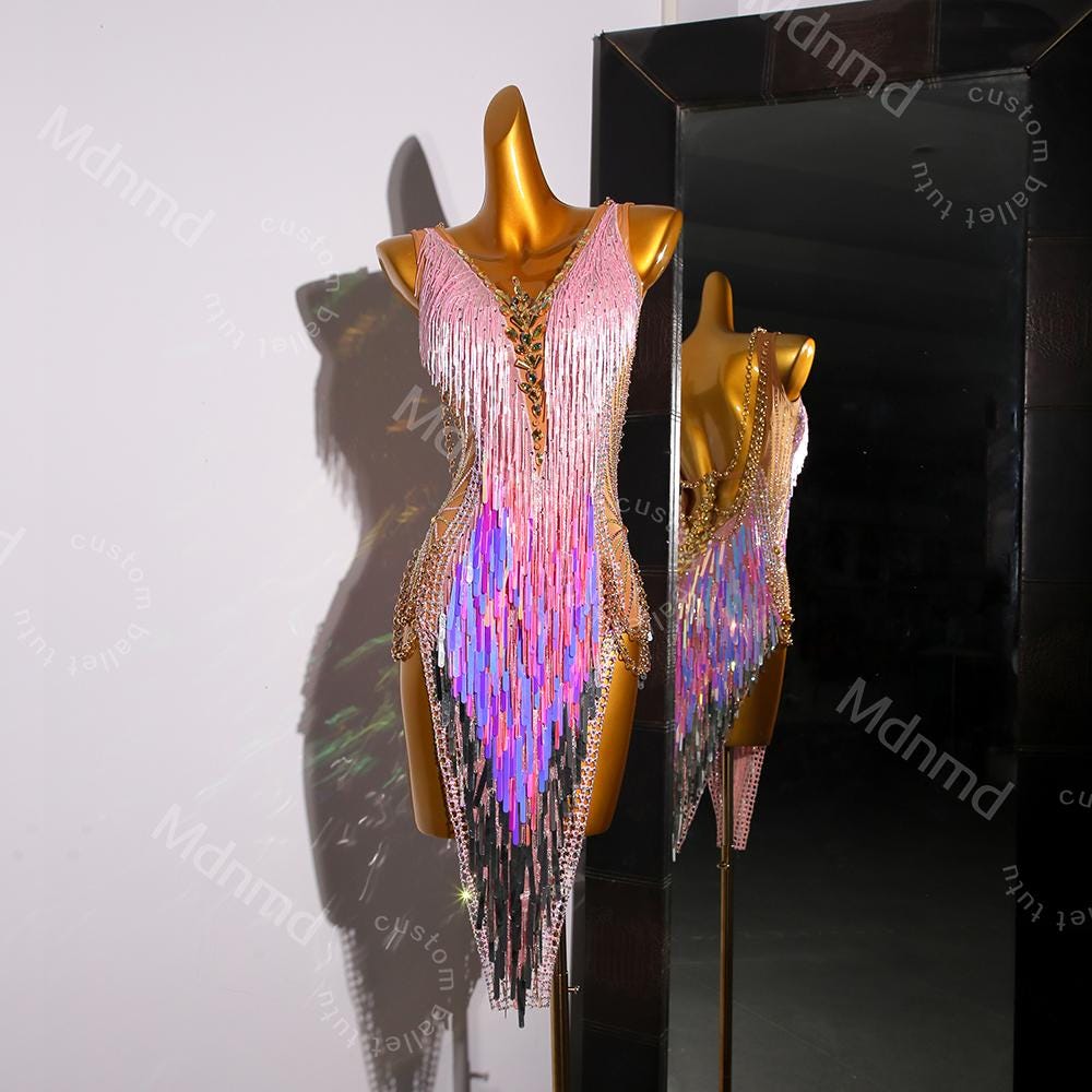 Pink Sequin Fringe Latin Dance Dress | Open Chain-Back Ballroom Costume