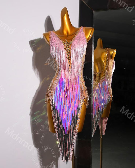 Pink Sequin Fringe Latin Dance Dress | Open Chain-Back Ballroom Costume