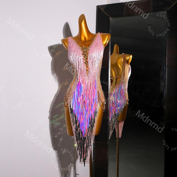 Pink Sequin Fringe Latin Dance Dress | Open Chain-Back Ballroom Costume