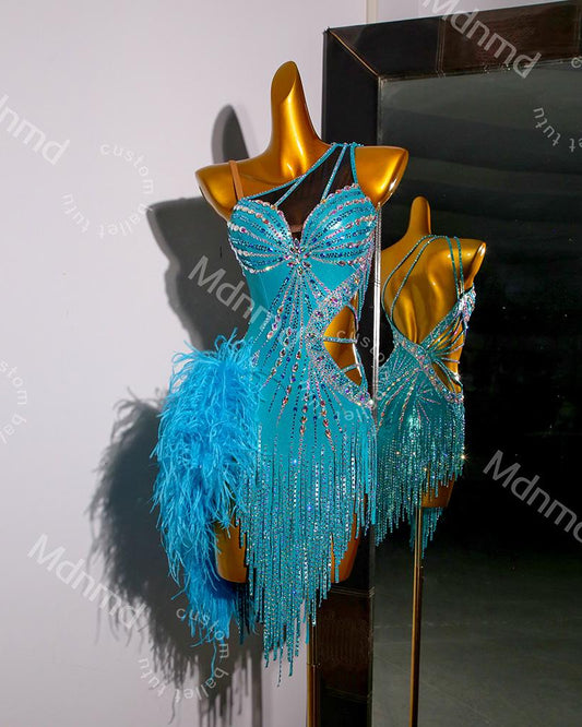 Turquoise Latin Dance Dress with Crystals & Feathers | Custom Handmade Competition Costume | Ballroom / Salsa / Cha-Cha