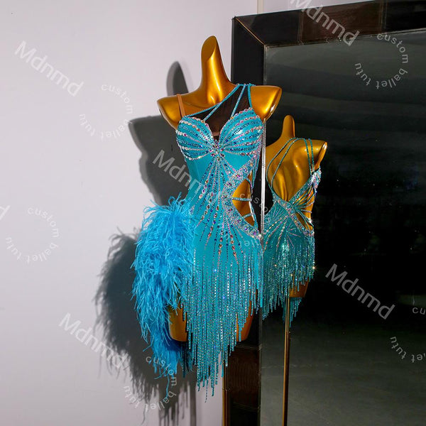 Turquoise Latin Dance Dress with Crystals & Feathers | Custom Handmade Competition Costume | Ballroom / Salsa / Cha-Cha
