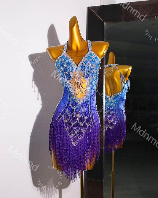 Blue-Purple Gradient Latin Dance Dress - Custom Competition Costume with Beaded Fringe & Open-Back Design