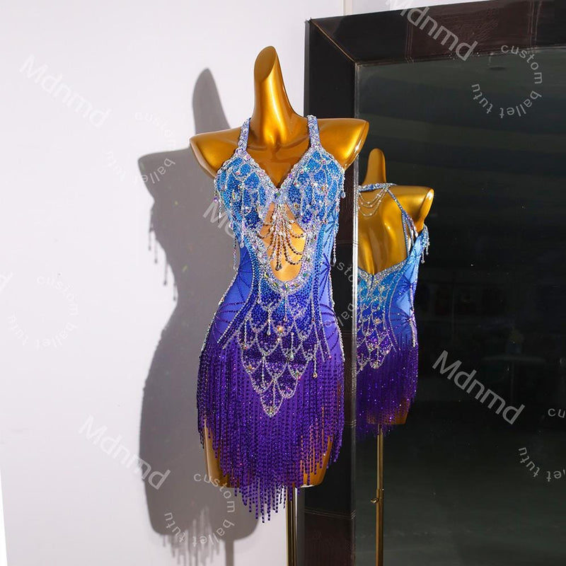Blue-Purple Gradient Latin Dance Dress - Custom Competition Costume with Beaded Fringe & Open-Back Design