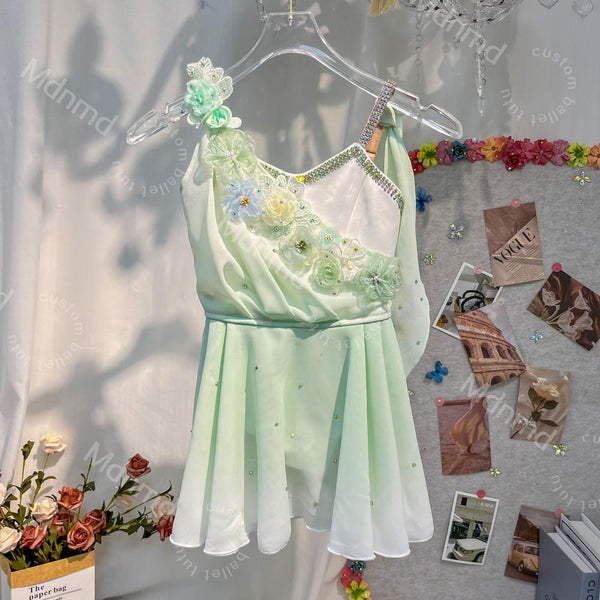Green Cupid Ballet Dress | Handmade Lyrical Ballet Costume with Floral Appliques | Custom Size