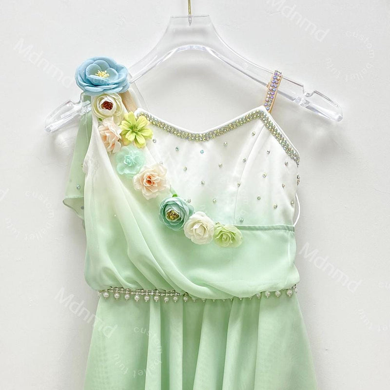 Green Cupid Ballet Dress | Handmade Lyrical Ballet Costume with Floral Appliques | Custom Size