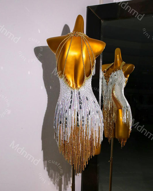 Handmade White & Gold Crystal Fringe Latin Dance Dress