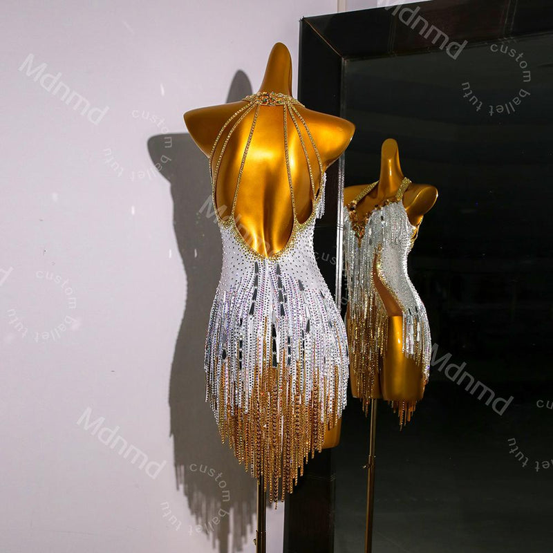 Handmade White & Gold Crystal Fringe Latin Dance Dress