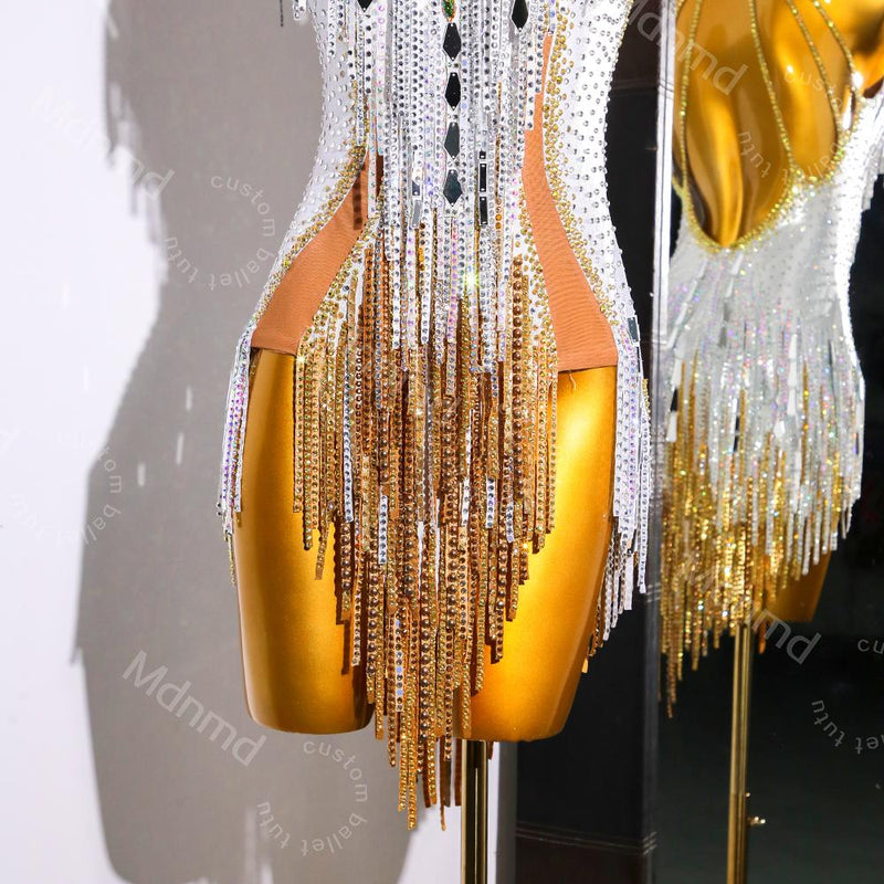 Handmade White & Gold Crystal Fringe Latin Dance Dress