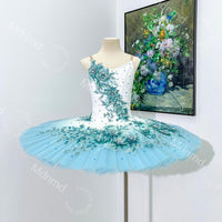 Handmade Light Blue Ombre Ballet Tutu Dress: Embroidered Flower Ballerina Costume