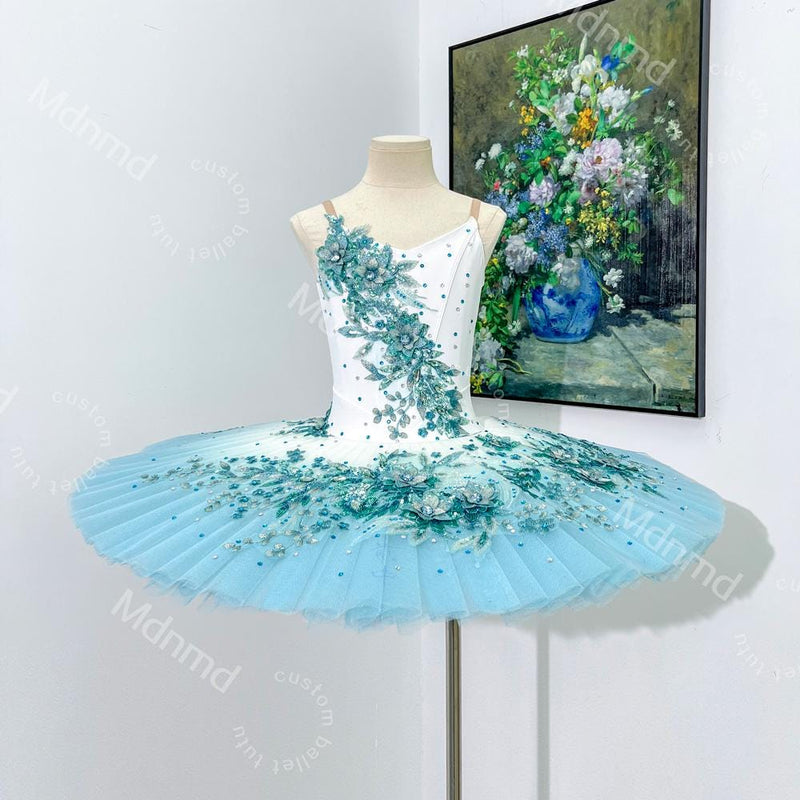 Handmade Light Blue Ombre Ballet Tutu Dress: Embroidered Flower Ballerina Costume