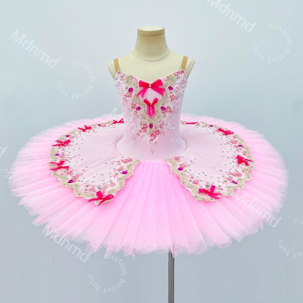 Handmade Pink Bow Ballet Tutu Dress - Custom Spaghetti Strap Princess Dance Costume for Girls
