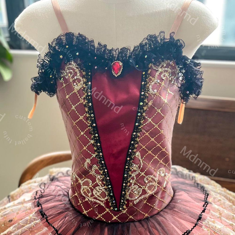 Red & Gold Baroque Classical Ballet Tutu | Handmade Professional Pancake Tutu | Competition Costume
