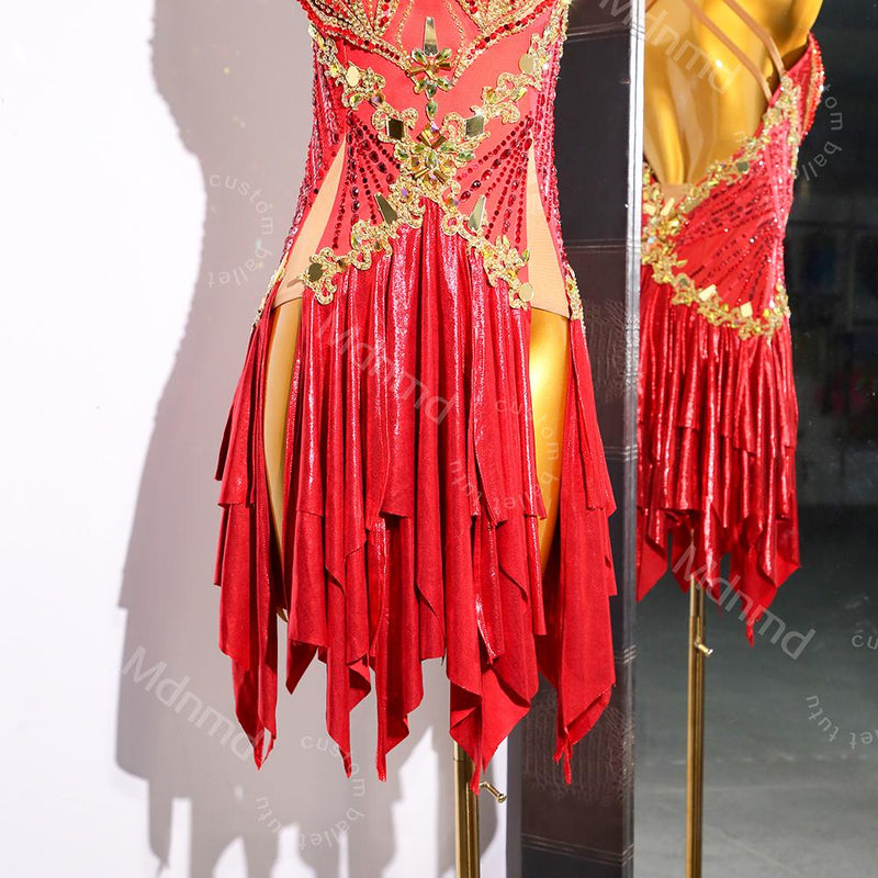 Red Flame Latin Dance Dress | Professional Salsa & Cha-Cha Costume | Custom Handmade Ballroom Outfit