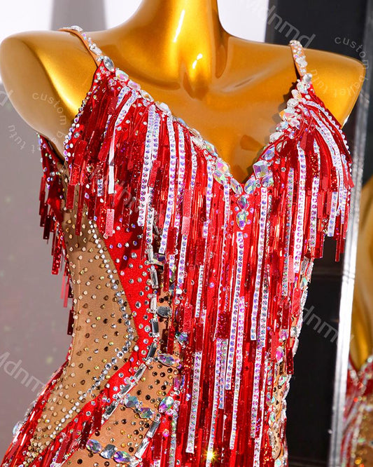 Red Fringe Latin Dance Dress | Custom Latin Competition Costume | Salsa / Cha-Cha / Ballroom| Handmade Outfit