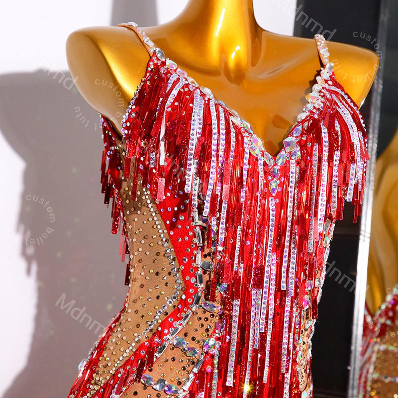 Red Fringe Latin Dance Dress | Custom Latin Competition Costume | Salsa / Cha-Cha / Ballroom| Handmade Outfit