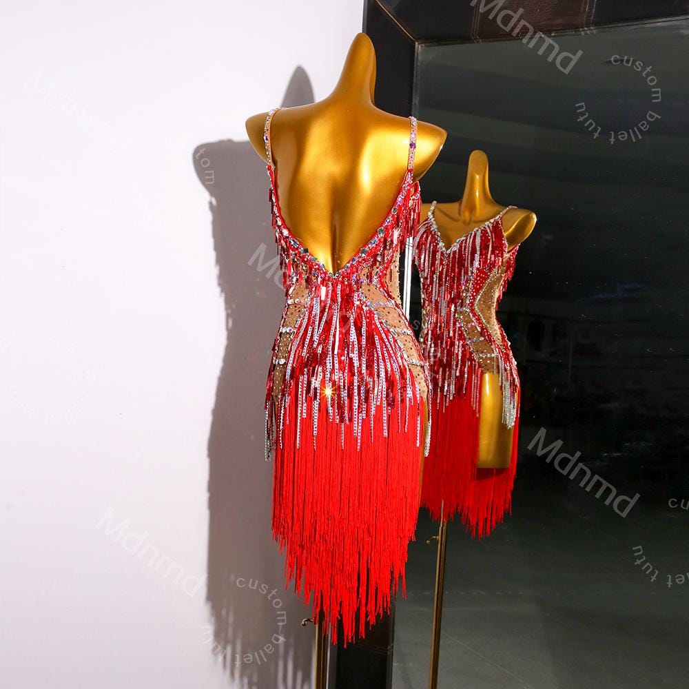 Red Fringe Latin Dance Dress | Custom Latin Competition Costume | Salsa / Cha-Cha / Ballroom| Handmade Outfit