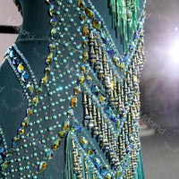 Emerald Green Competition Dress with Crystals & Fringed Skirt | Handmade Ballroom Dance Costume