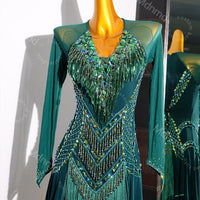 Emerald Green Competition Dress with Crystals & Fringed Skirt | Handmade Ballroom Dance Costume