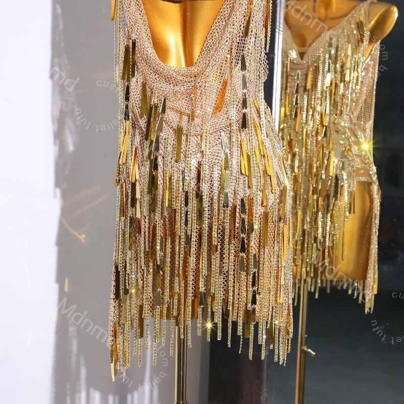 Golden Fringe Latin Dance Dress | Handmade Custom Competition Costume | Salsa, Cha-Cha, Rumba, Tango