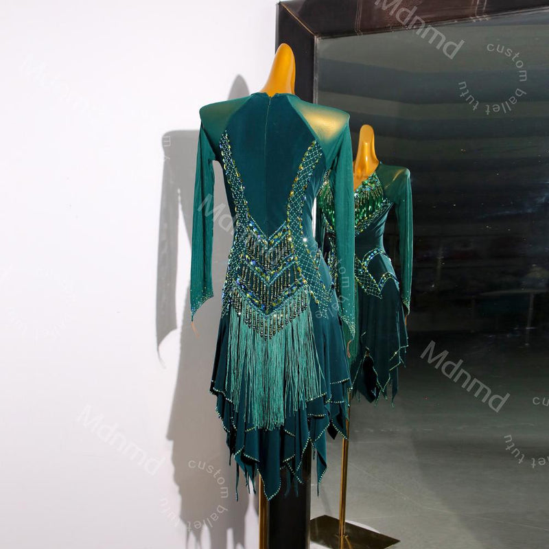 Emerald Green Competition Dress with Crystals & Fringed Skirt | Handmade Ballroom Dance Costume