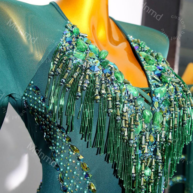 Emerald Green Competition Dress with Crystals & Fringed Skirt | Handmade Ballroom Dance Costume