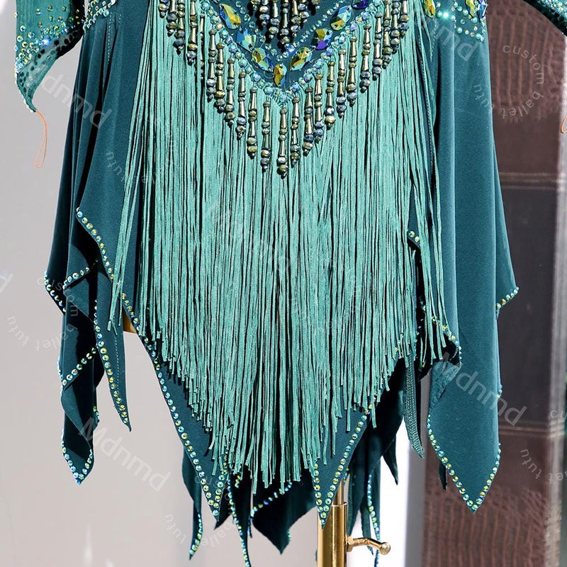 Emerald Green Competition Dress with Crystals & Fringed Skirt | Handmade Ballroom Dance Costume