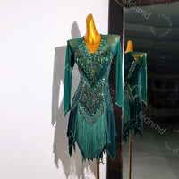 Emerald Green Competition Dress with Crystals & Fringed Skirt | Handmade Ballroom Dance Costume