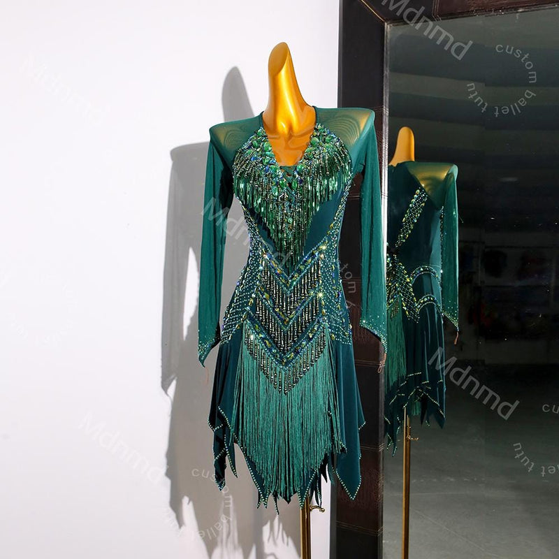 Emerald Green Competition Dress with Crystals & Fringed Skirt | Handmade Ballroom Dance Costume
