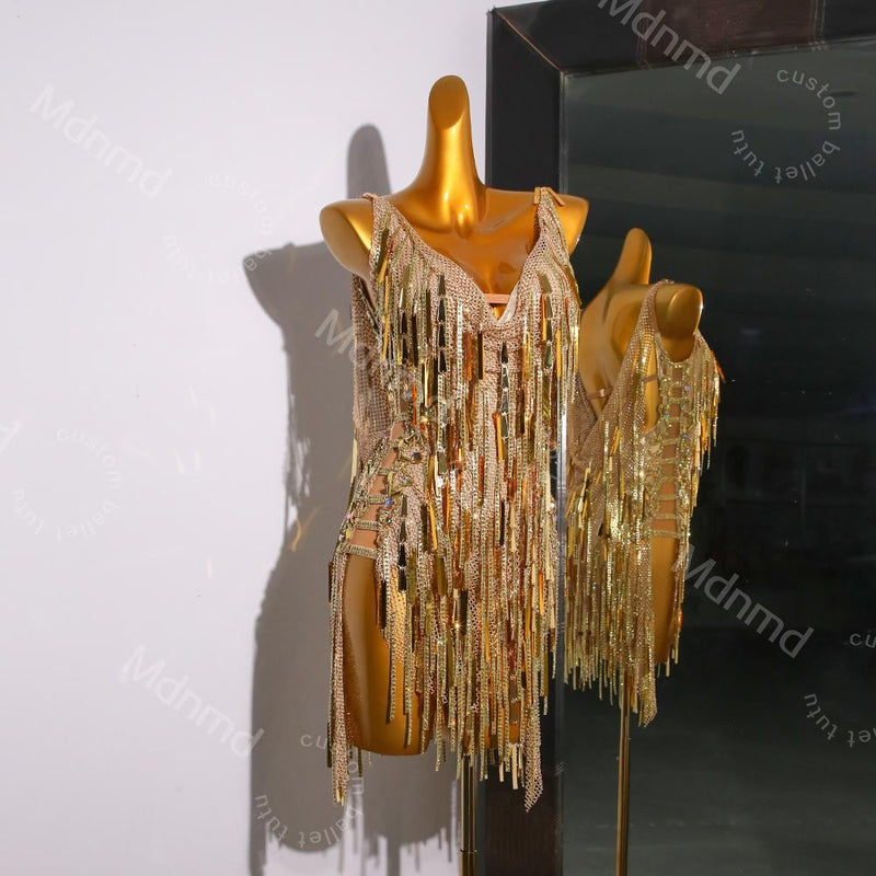 Golden Fringe Latin Dance Dress | Handmade Custom Competition Costume | Salsa, Cha-Cha, Rumba, Tango