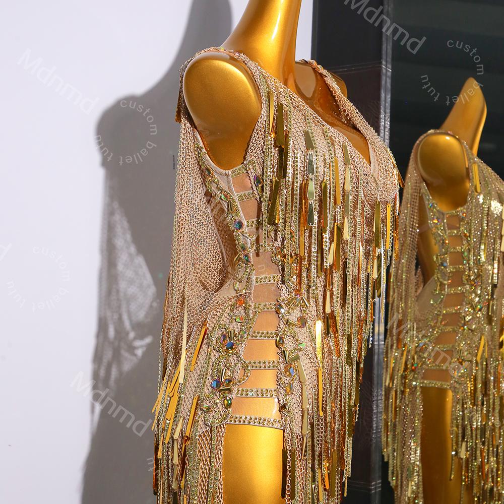 Golden Fringe Latin Dance Dress | Handmade Custom Competition Costume | Salsa, Cha-Cha, Rumba, Tango