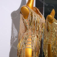 Golden Fringe Latin Dance Dress | Handmade Custom Competition Costume | Salsa, Cha-Cha, Rumba, Tango