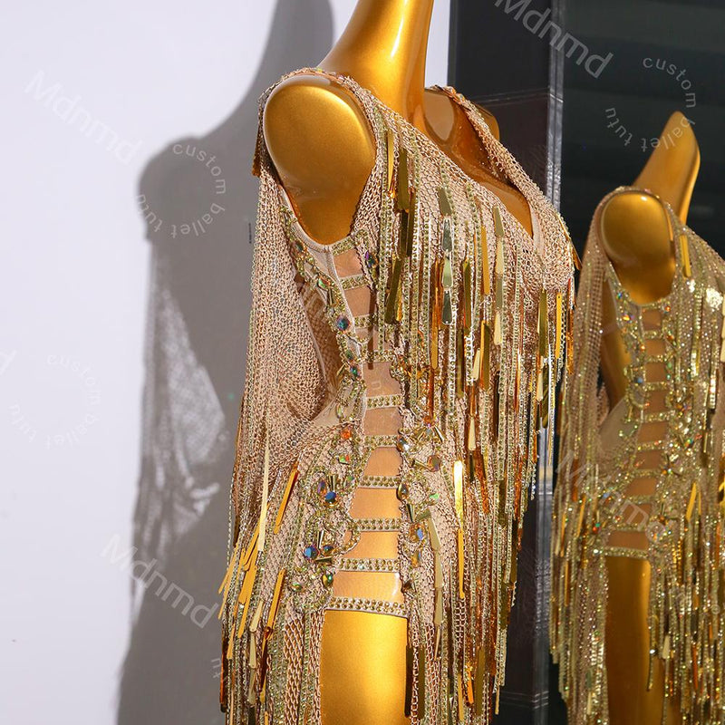 Golden Fringe Latin Dance Dress | Handmade Custom Competition Costume | Salsa, Cha-Cha, Rumba, Tango
