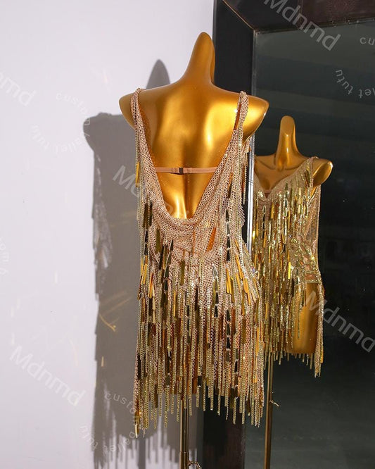 Golden Fringe Latin Dance Dress | Handmade Custom Competition Costume | Salsa, Cha-Cha, Rumba, Tango