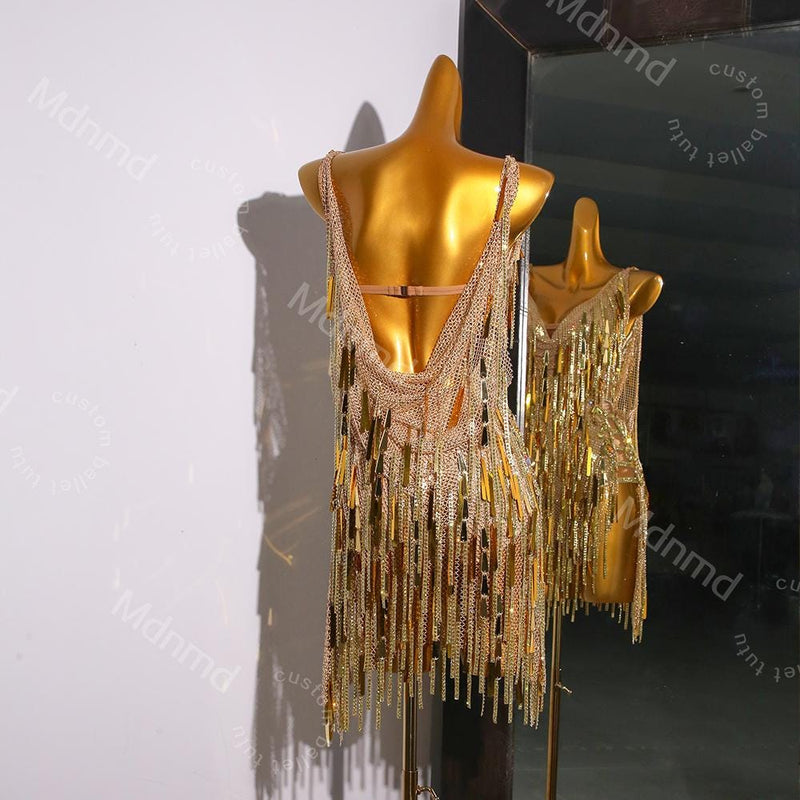 Golden Fringe Latin Dance Dress | Handmade Custom Competition Costume | Salsa, Cha-Cha, Rumba, Tango
