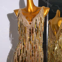 Golden Fringe Latin Dance Dress | Handmade Custom Competition Costume | Salsa, Cha-Cha, Rumba, Tango