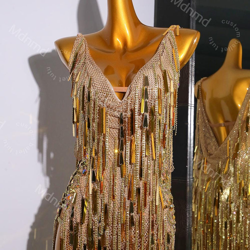Golden Fringe Latin Dance Dress | Handmade Custom Competition Costume | Salsa, Cha-Cha, Rumba, Tango