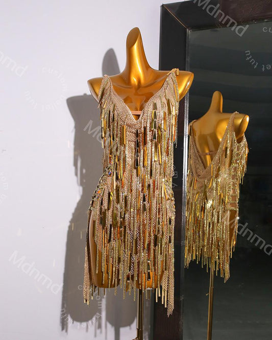Golden Fringe Latin Dance Dress | Handmade Custom Competition Costume | Salsa, Cha-Cha, Rumba, Tango