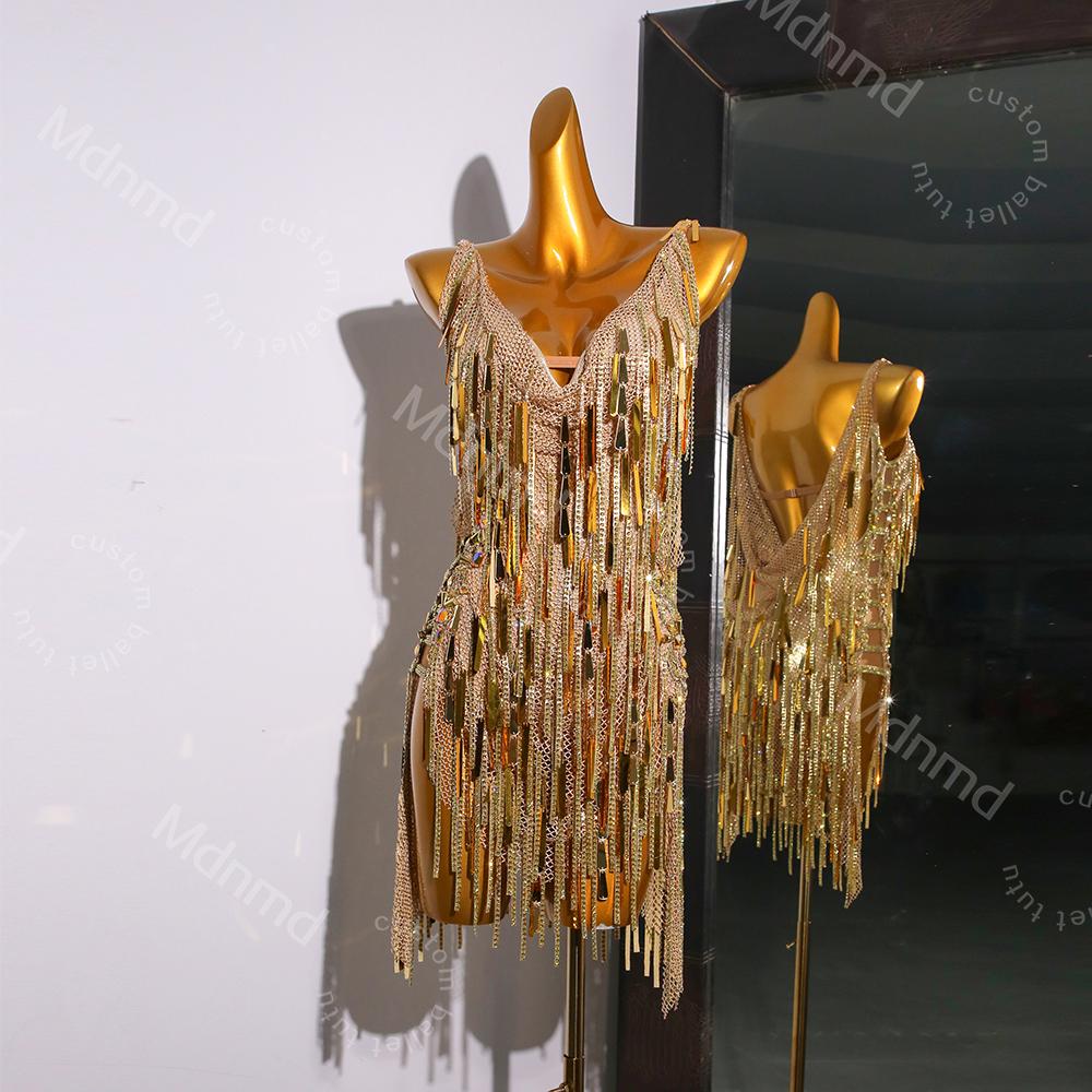 Golden Fringe Latin Dance Dress | Handmade Custom Competition Costume | Salsa, Cha-Cha, Rumba, Tango