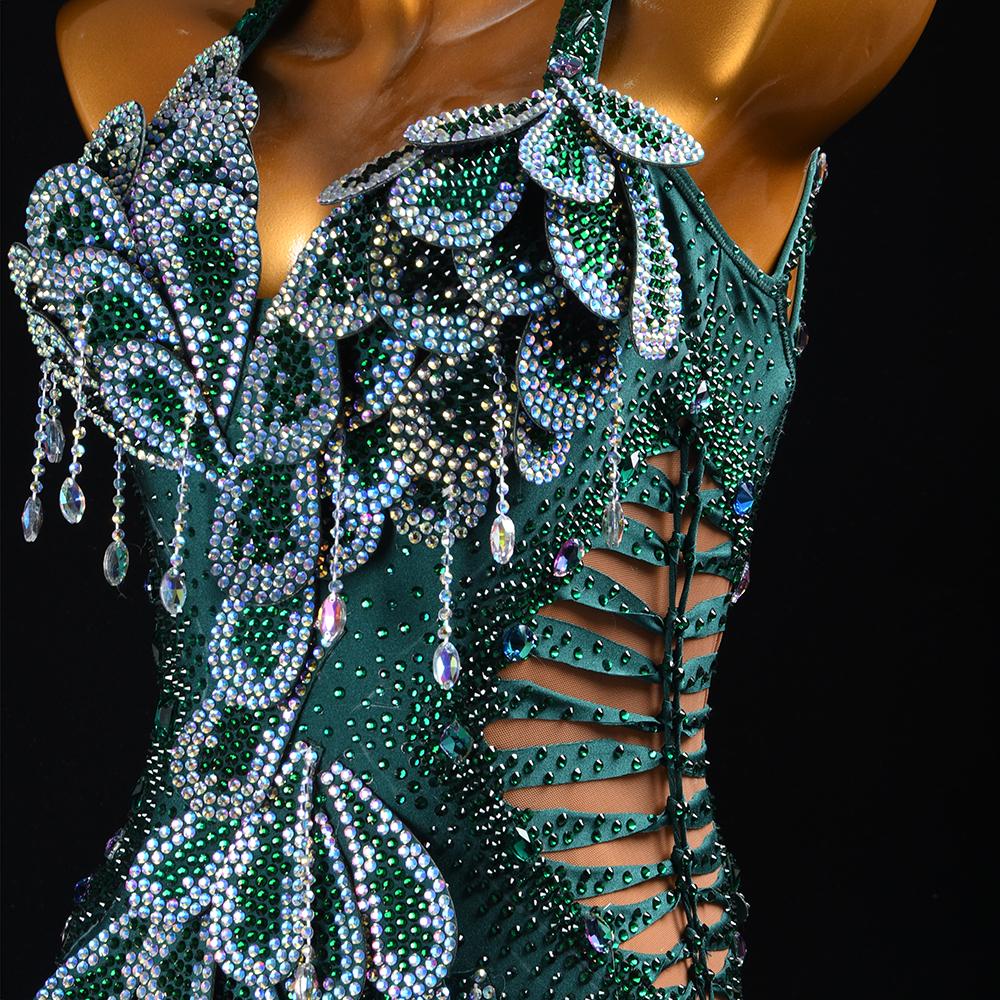 Custom Green Sequin Latin Dance Dress | Handmade Performance Costume for Salsa, Cha-Cha, or Competitions