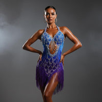 Blue-Purple Gradient Latin Dance Dress - Custom Competition Costume with Beaded Fringe & Open-Back Design