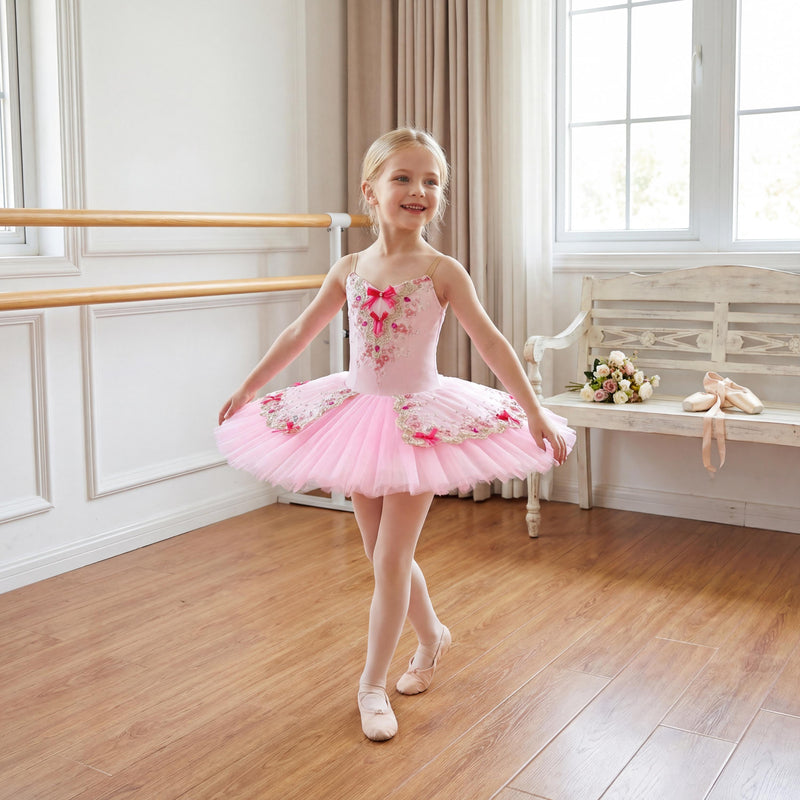 Handmade Pink Bow Ballet Tutu Dress - Custom Spaghetti Strap Princess Dance Costume for Girls