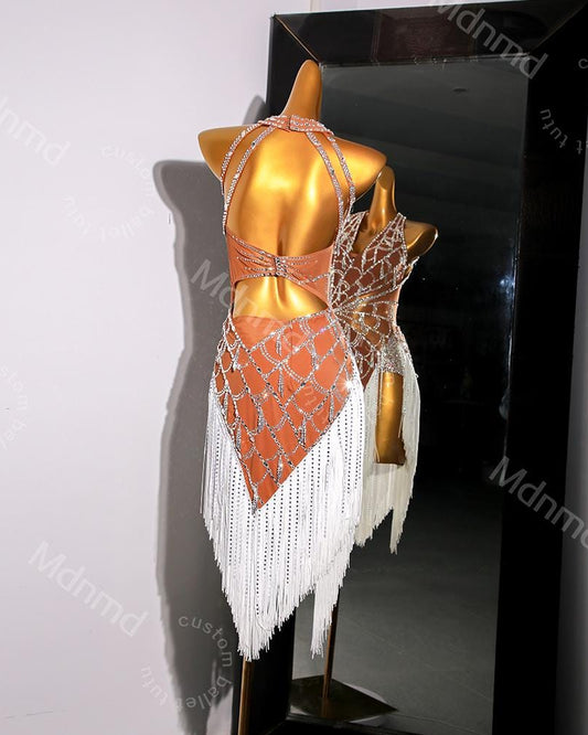 Custom White Fringe Latin Dance Dress | Handmade Performance Costume for Salsa, Cha-Cha, or Competitions