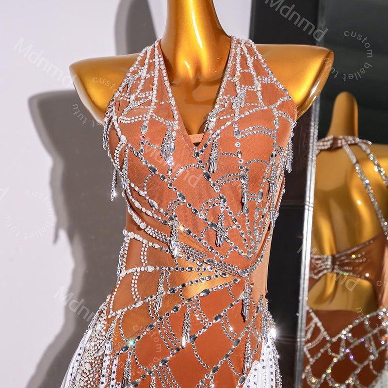 Custom White Fringe Latin Dance Dress | Handmade Performance Costume for Salsa, Cha-Cha, or Competitions