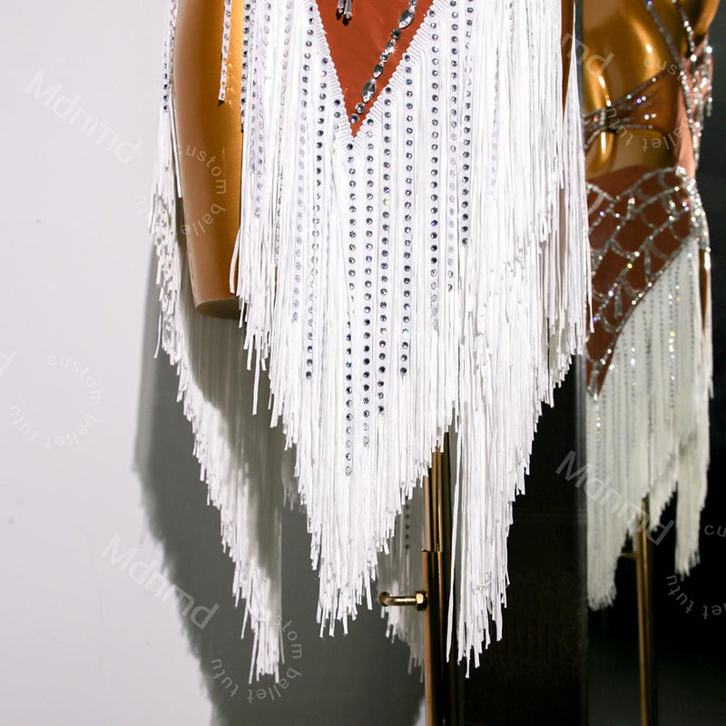 Custom White Fringe Latin Dance Dress | Handmade Performance Costume for Salsa, Cha-Cha, or Competitions