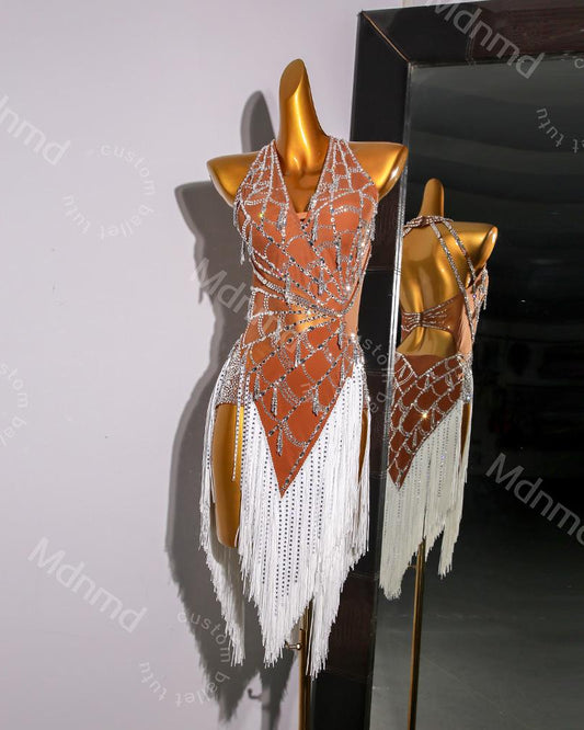 Custom White Fringe Latin Dance Dress | Handmade Performance Costume for Salsa, Cha-Cha, or Competitions
