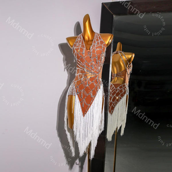Custom White Fringe Latin Dance Dress | Handmade Performance Costume for Salsa, Cha-Cha, or Competitions