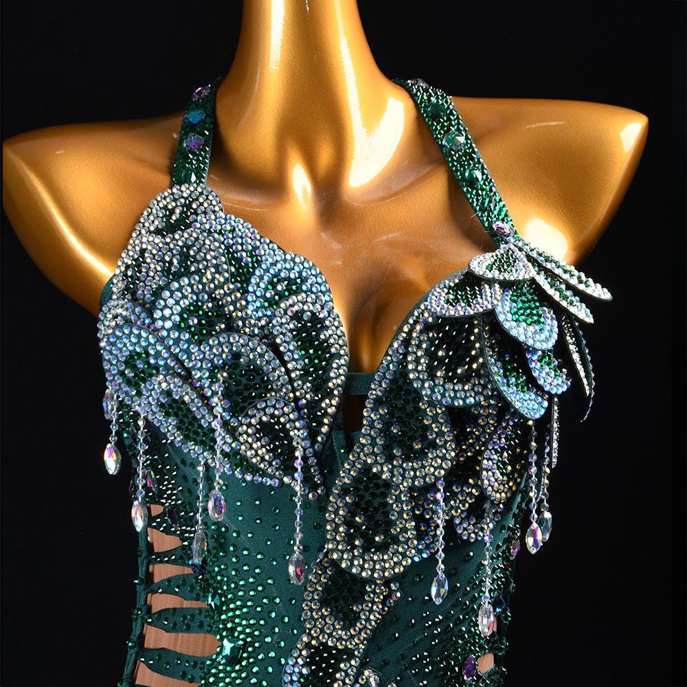 Custom Green Sequin Latin Dance Dress | Handmade Performance Costume for Salsa, Cha-Cha, or Competitions