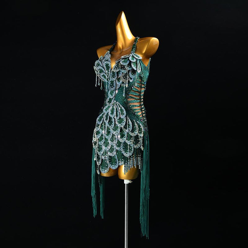Custom Green Sequin Latin Dance Dress | Handmade Performance Costume for Salsa, Cha-Cha, or Competitions
